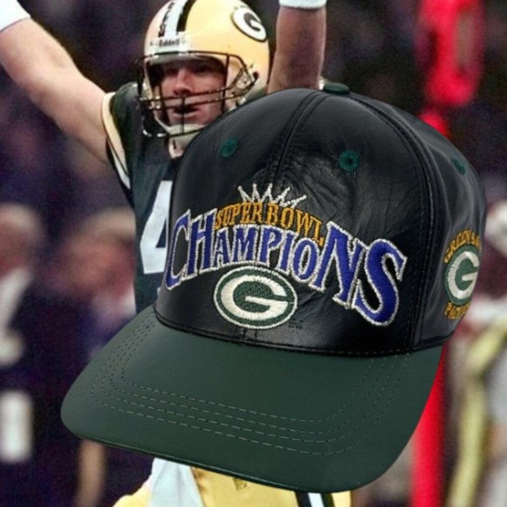 90s Green Bay Packers Leather Super Bowl XXXI Champions Snapback Hat Cap U.S.A.